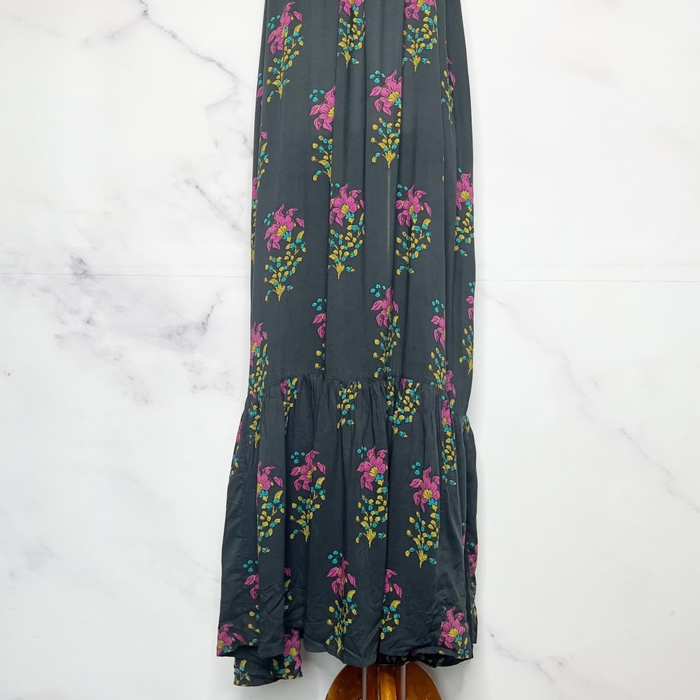 SOLD Anthropologie Flounced Maxi Lounge Dress Black Motif Floral - Picture 7 of 15